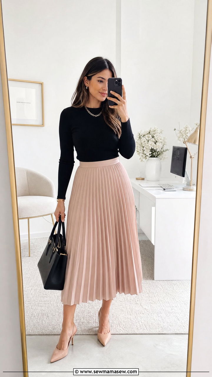 Pleated Midi Skirt with Fitted Top - 25 Business casual outfits with skirt