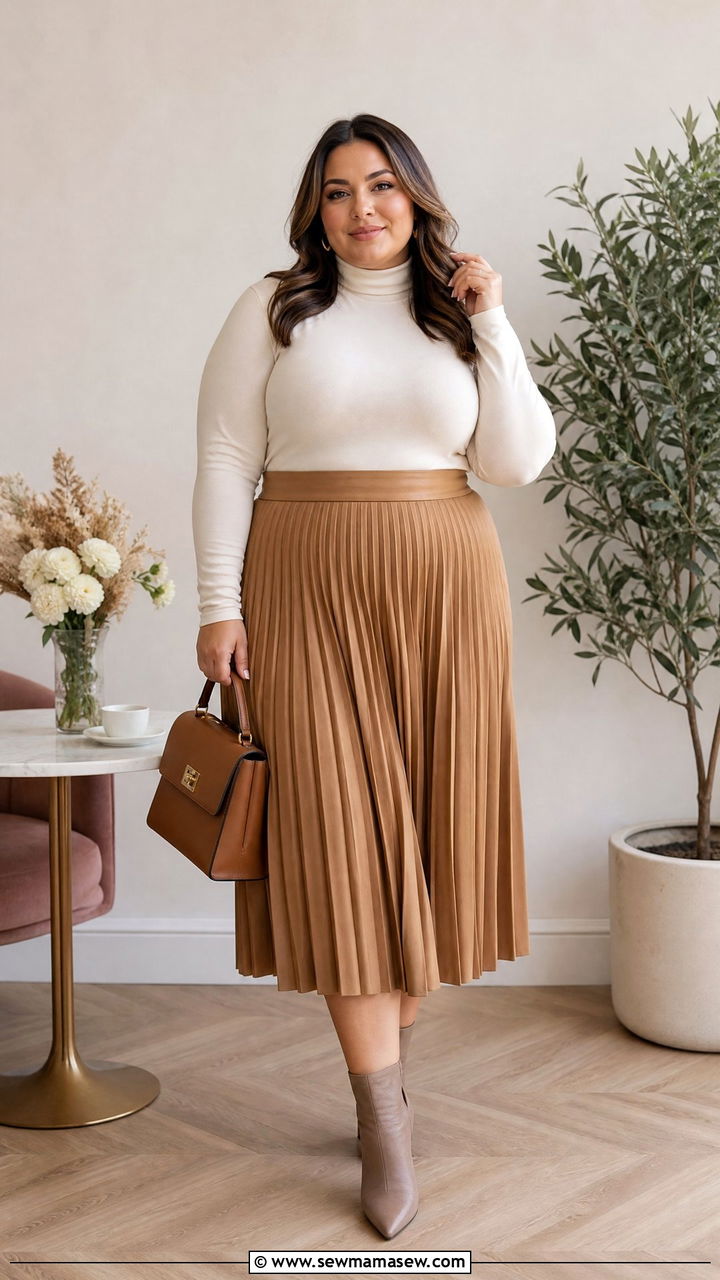 Pleated Midi Skirt with Fitted Turtleneck - 30 Brunch outfit ideas plus size
