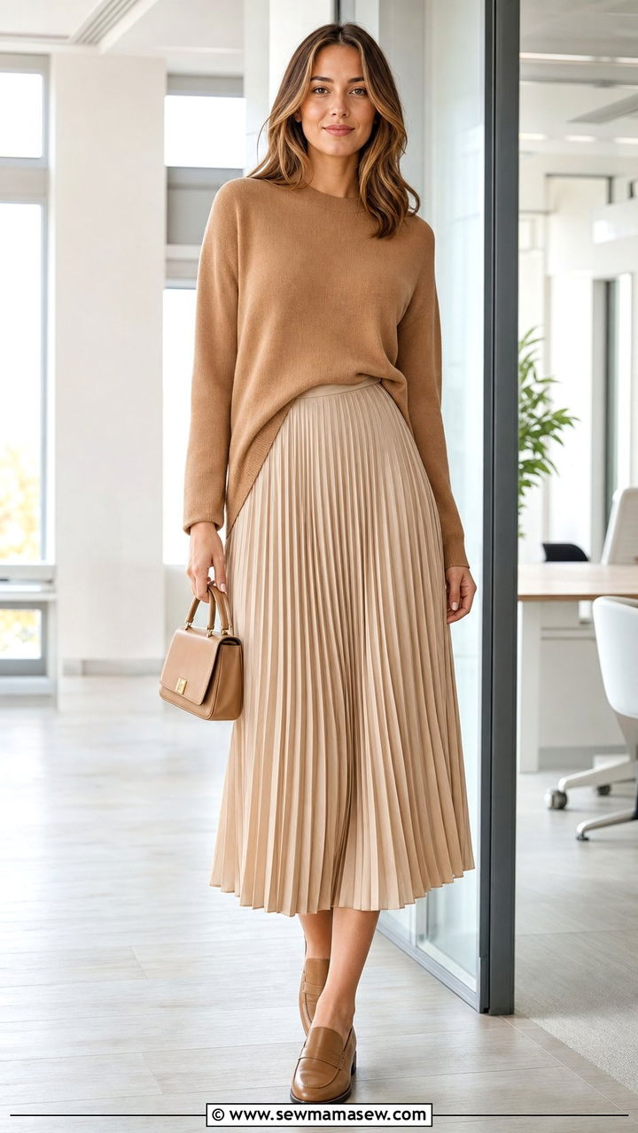 Pleated Midi Skirt with Knit Sweater and Loafers - 35 casual Friday outfit ideas