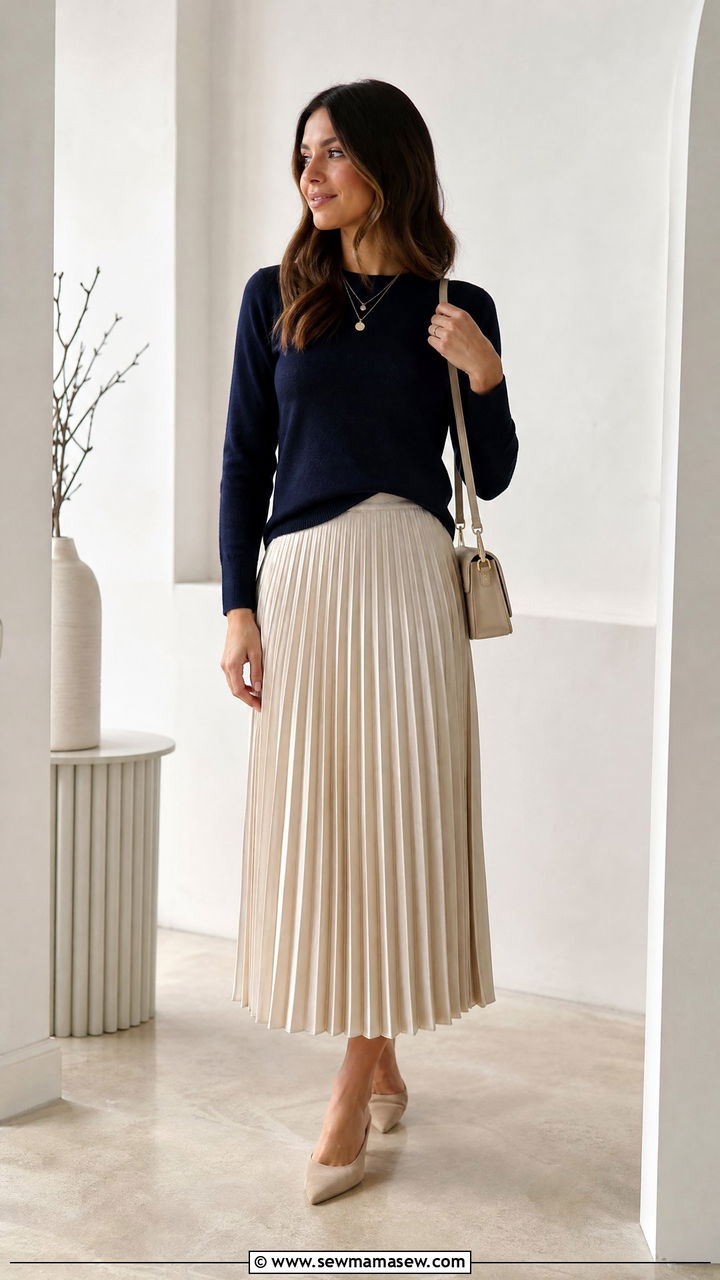Pleated Midi Skirt with Knit Top Interview Outfit - 30 cute job interview outfits