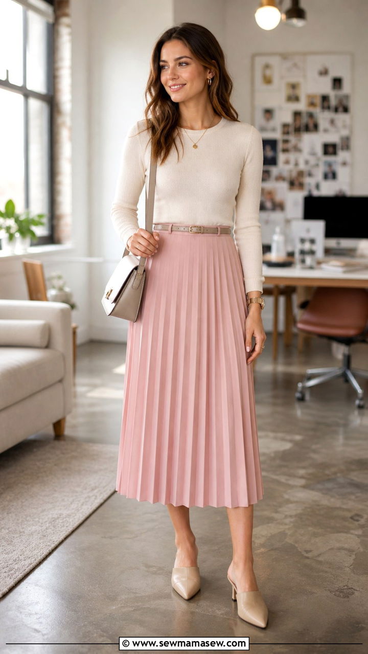 Pleated Midi Skirt with Knit Top Office Outfit - 40 office outfits for women
