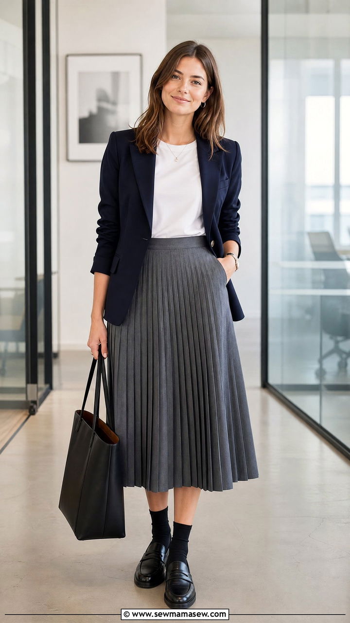 Pleated Midi Skirt with Loafers and Blazer - 25 chic pleated skirt outfit ideas