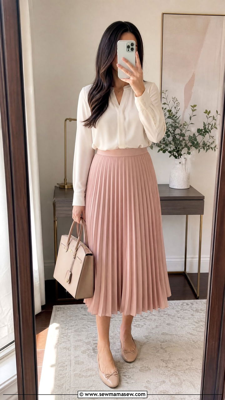 Pleated Midi Skirt with Long Sleeve Blouse - 30 Modest spring outfits