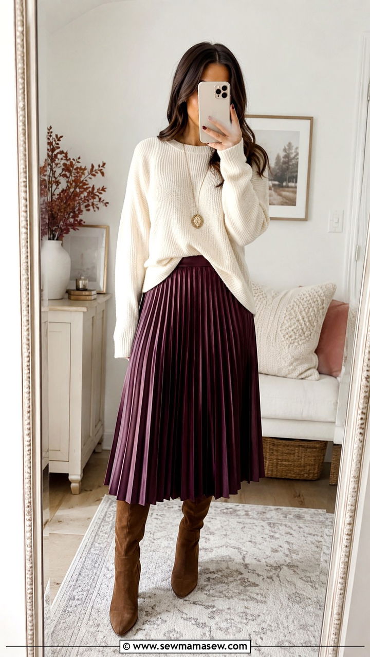 Pleated Midi Skirt with Oversized Sweater and Tall Boots - 25 Outfits to hide belly fat