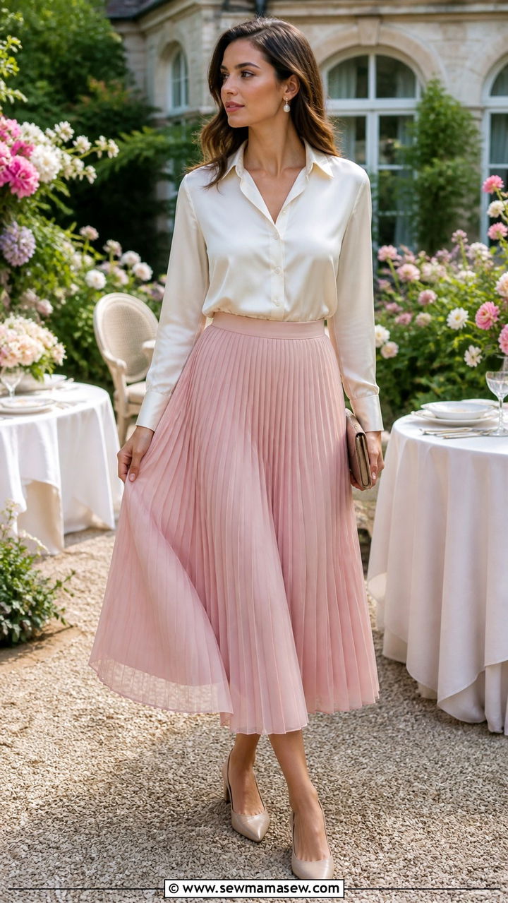Pleated Midi Skirt with Satin Blouse - 40 Spring garden party outfits