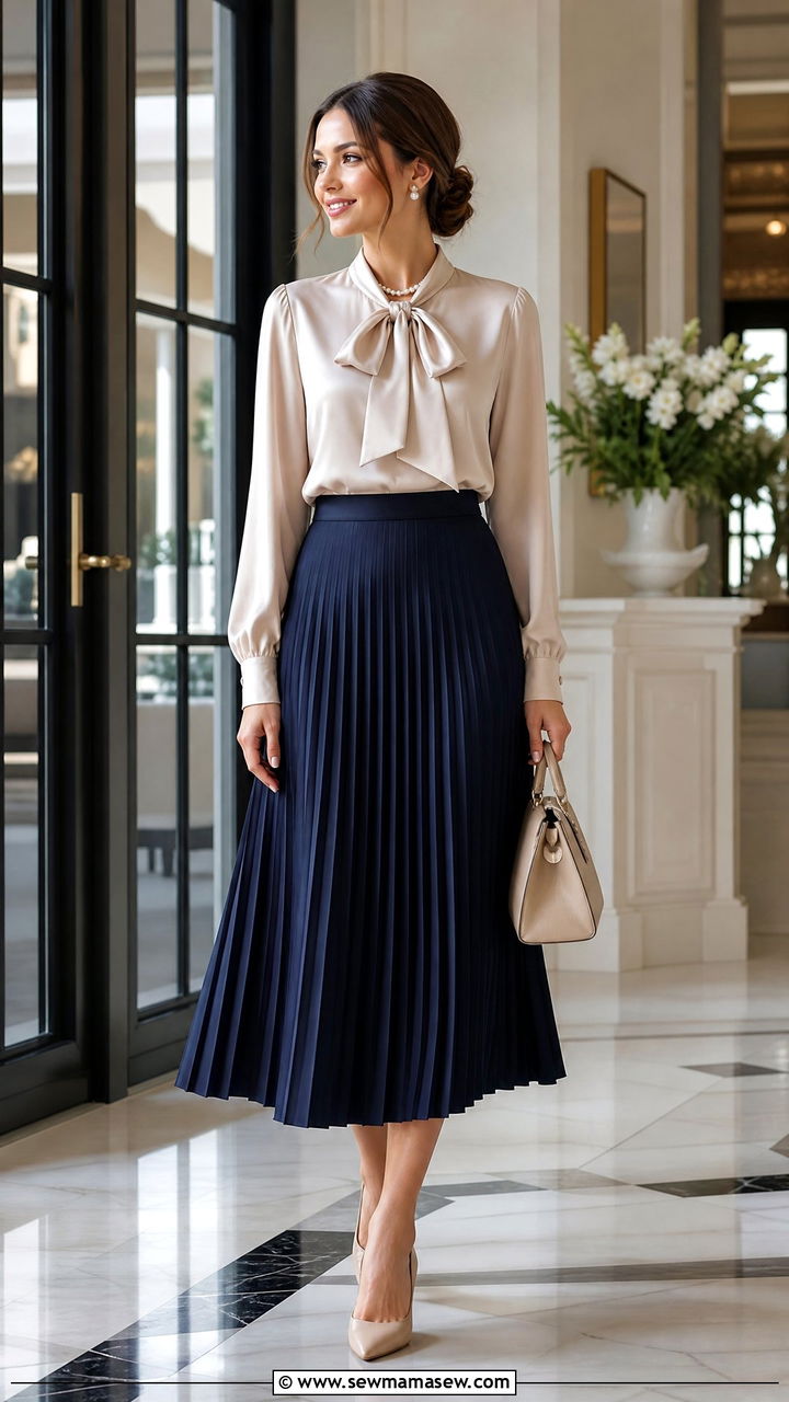 Pleated Midi Skirt with Silk Blouse and Heels - 25 chic pleated skirt outfit ideas
