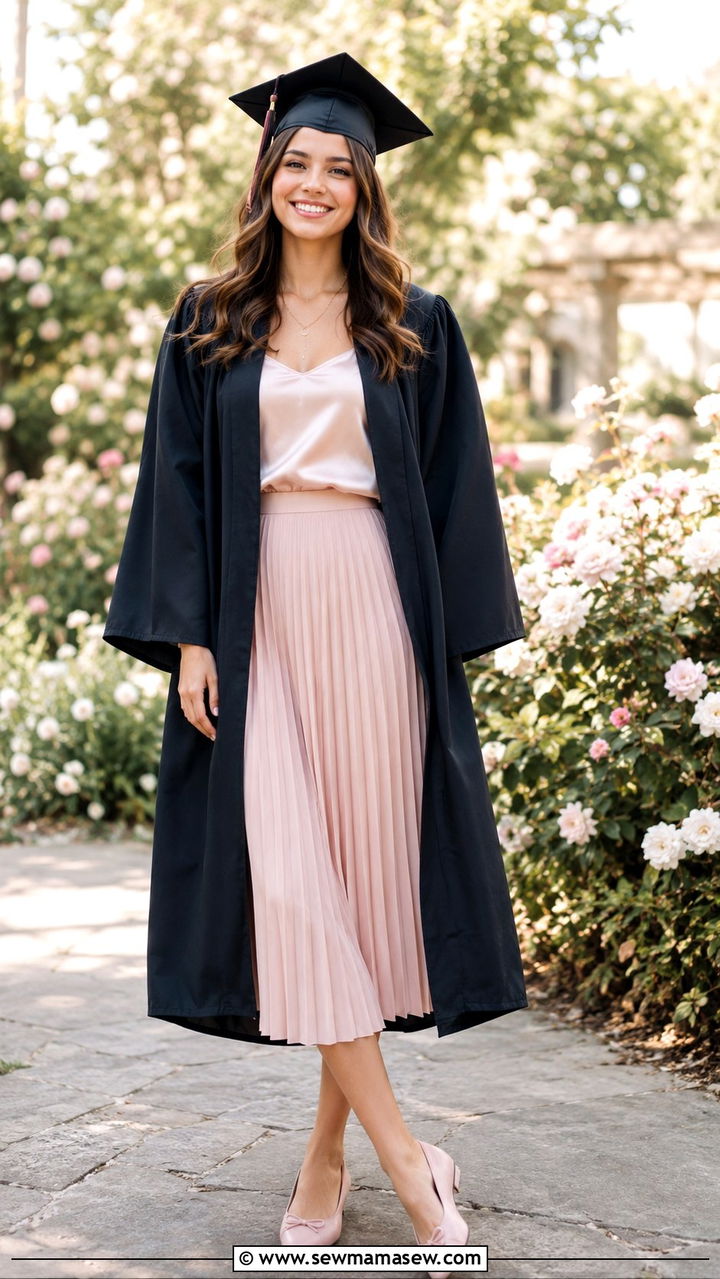 Pleated Midi Skirt with Silk Camisole - 30 Graduation cap and gown outfit ideas