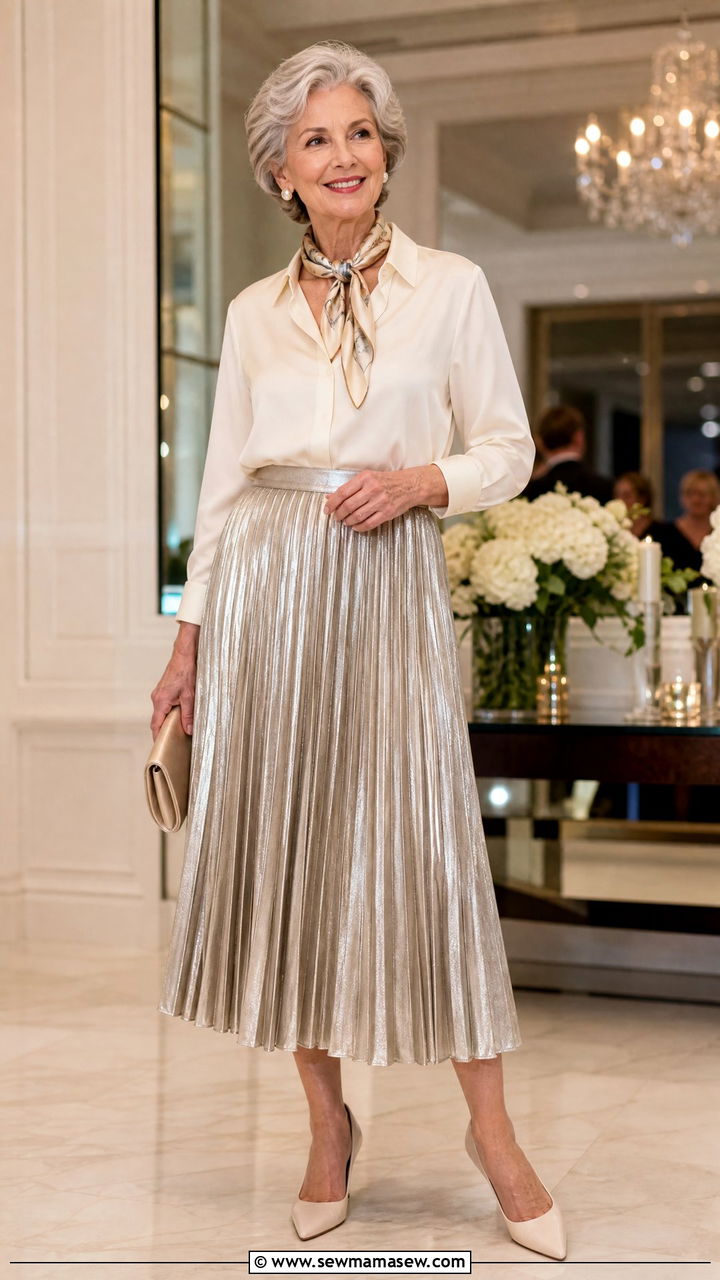 Pleated Midi Skirt with Silk Scarf Accent - 20 Iconic outfits for women over 60