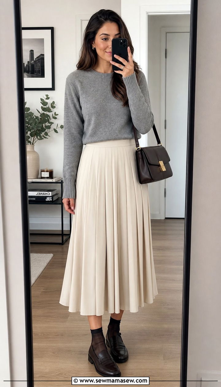 Pleated Midi Skirt with Sweater and Loafers - 35 casual midi skirt outfits