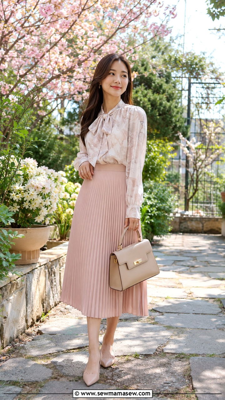 Pleated Midi Skirt with Tucked Blouse - 30 Brunch outfit ideas petite
