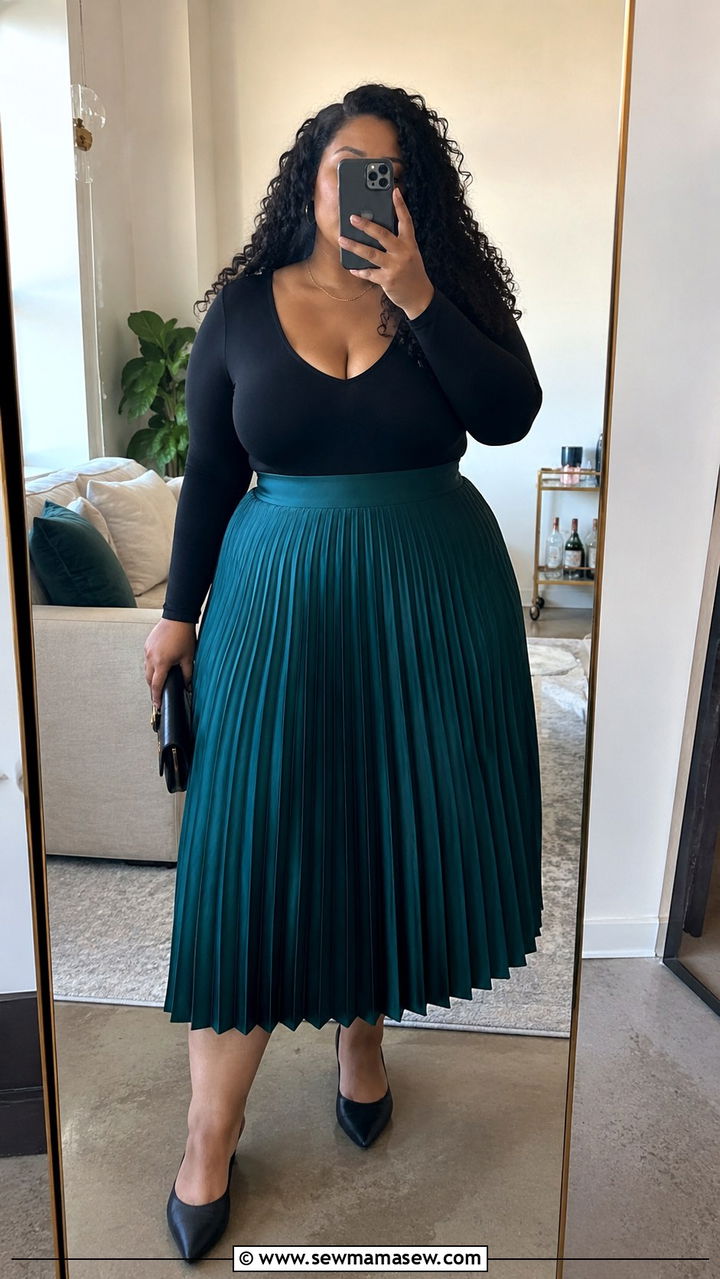 Pleated Midi Skirt with Tucked In Bodysuit - 30 Plus size birthday outfit ideas