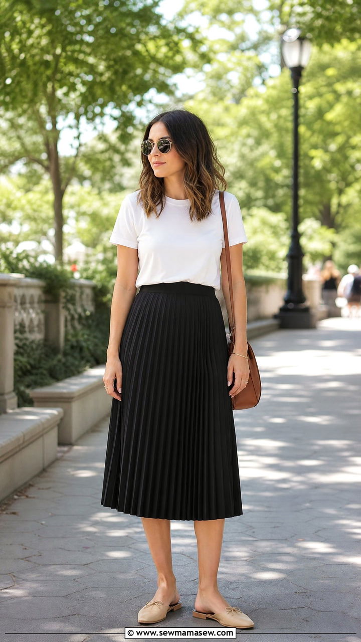 Pleated Midi Skirt with Tucked Tee for Wide Hips - 25 casual outfits for women with wide hips