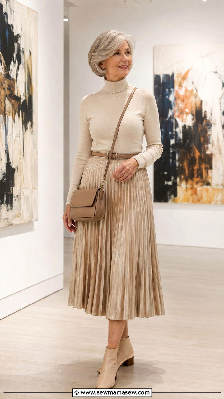 Pleated Midi Skirt with Turtleneck - 30 Outfit ideas for boomer women