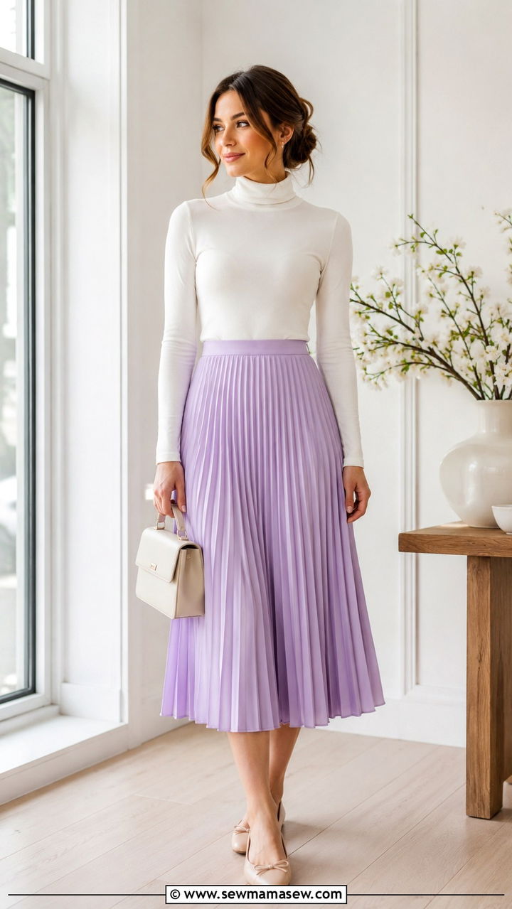 Pleated Midi Skirt with Turtleneck Top - 30 spring outfits for modest women