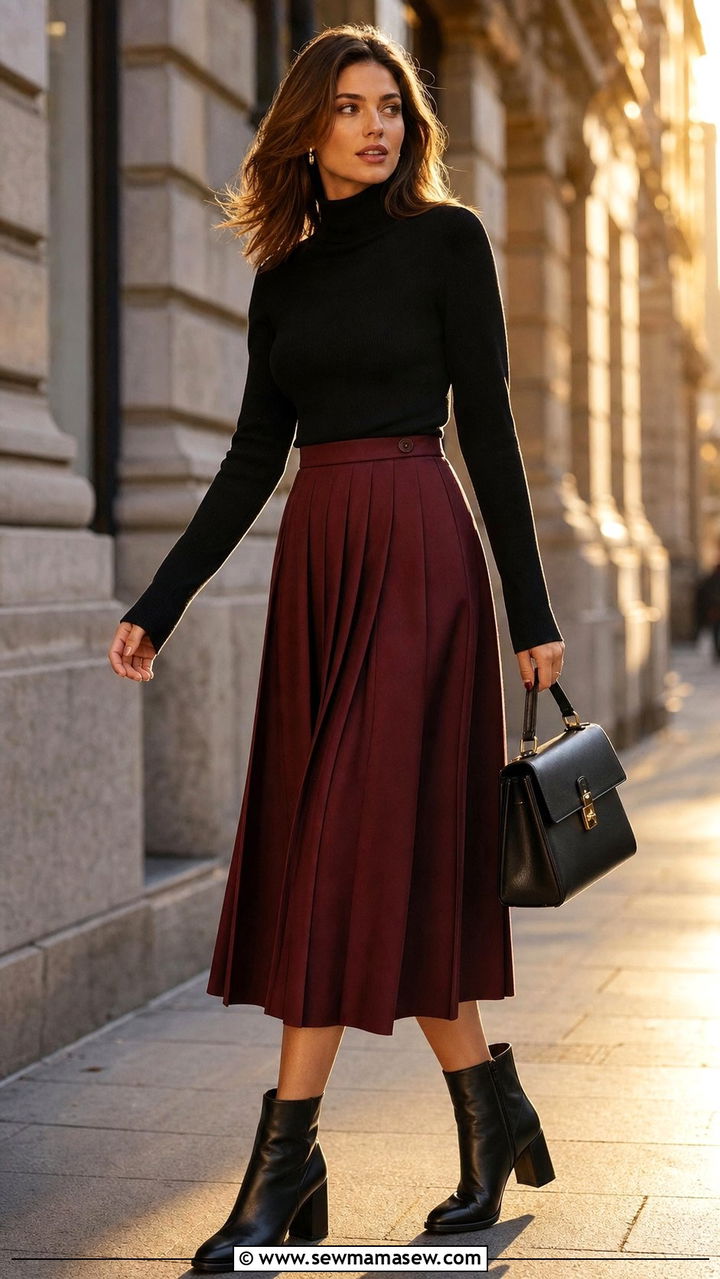 Pleated Midi Skirt with Turtleneck and Ankle Boots - 25 cute windy day outfits