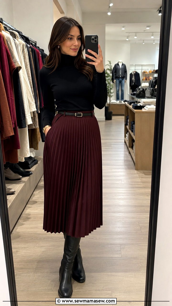 Pleated Midi Skirt with Turtleneck and Knee High Boots - 25 Retail manager outfit ideas