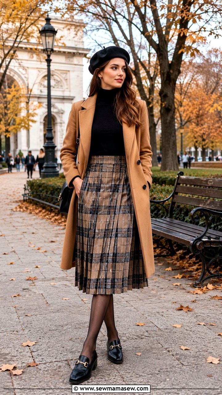 Pleated Midi Skirt with Turtleneck and Wool Coat - 25 transitional vacation outfit ideas