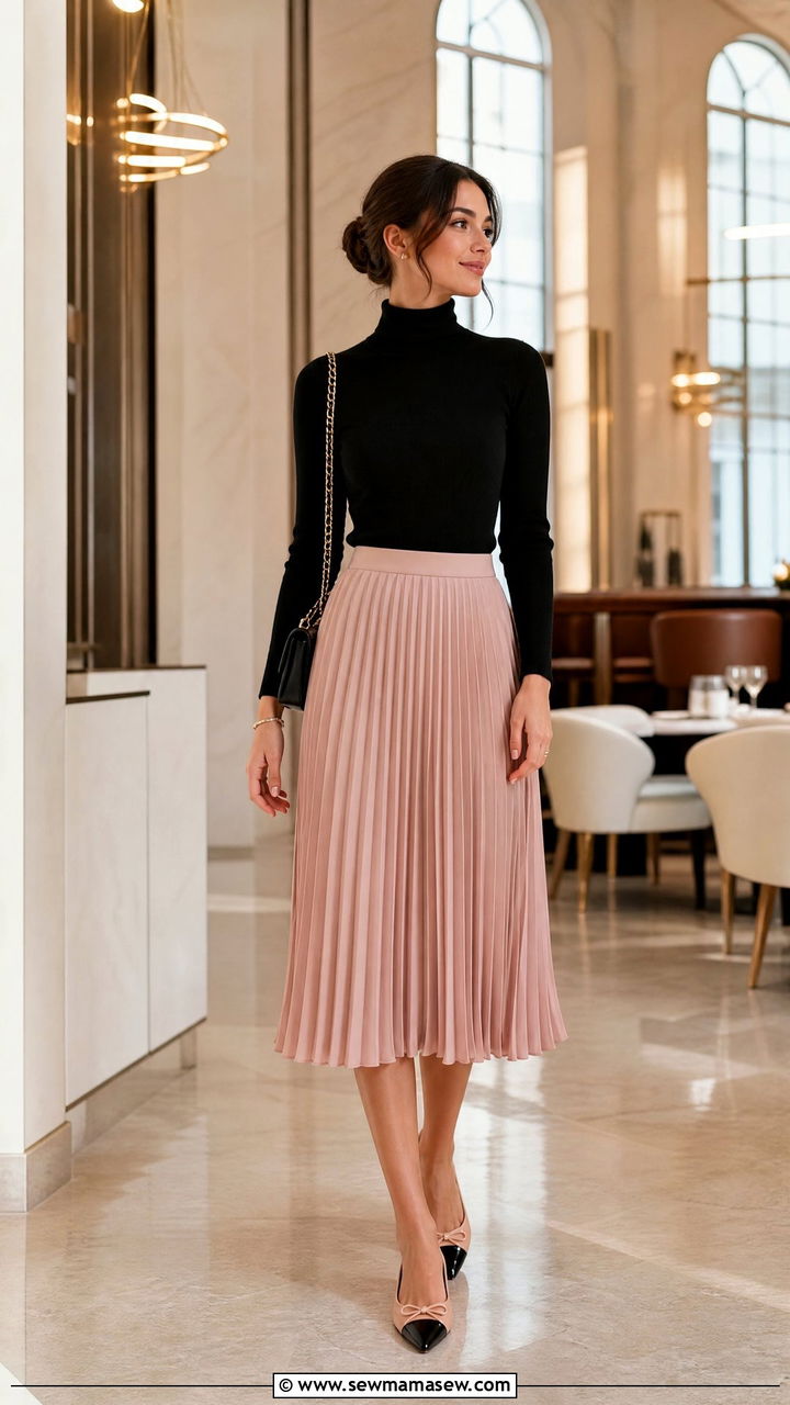 Pleated Midi Skirt with Turtleneck - 35 Hotel brunch outfit ideas