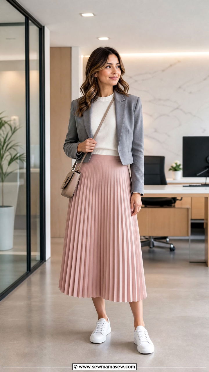Pleated Midi Skirt with White Sneakers Office - 25 How to style white sneakers for work
