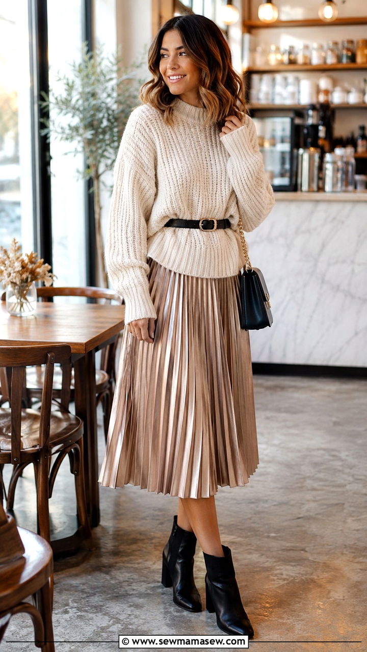 Pleated Midi Skirt with a Chunky Knit Sweater and a Belt - 25 Outfit ideas for rectangle body 2026
