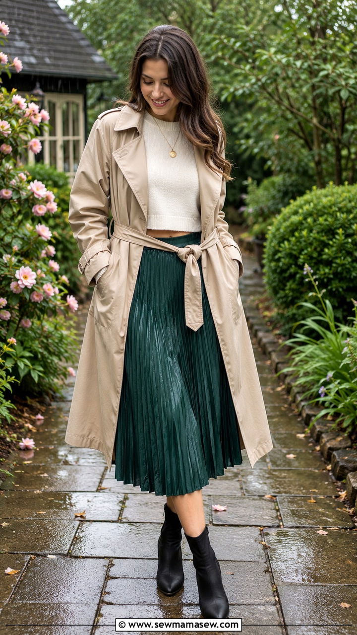 Pleated Midi Skirt with a Cropped Sweater and Rain Trench - 30 transitional rainy day outfit ideas