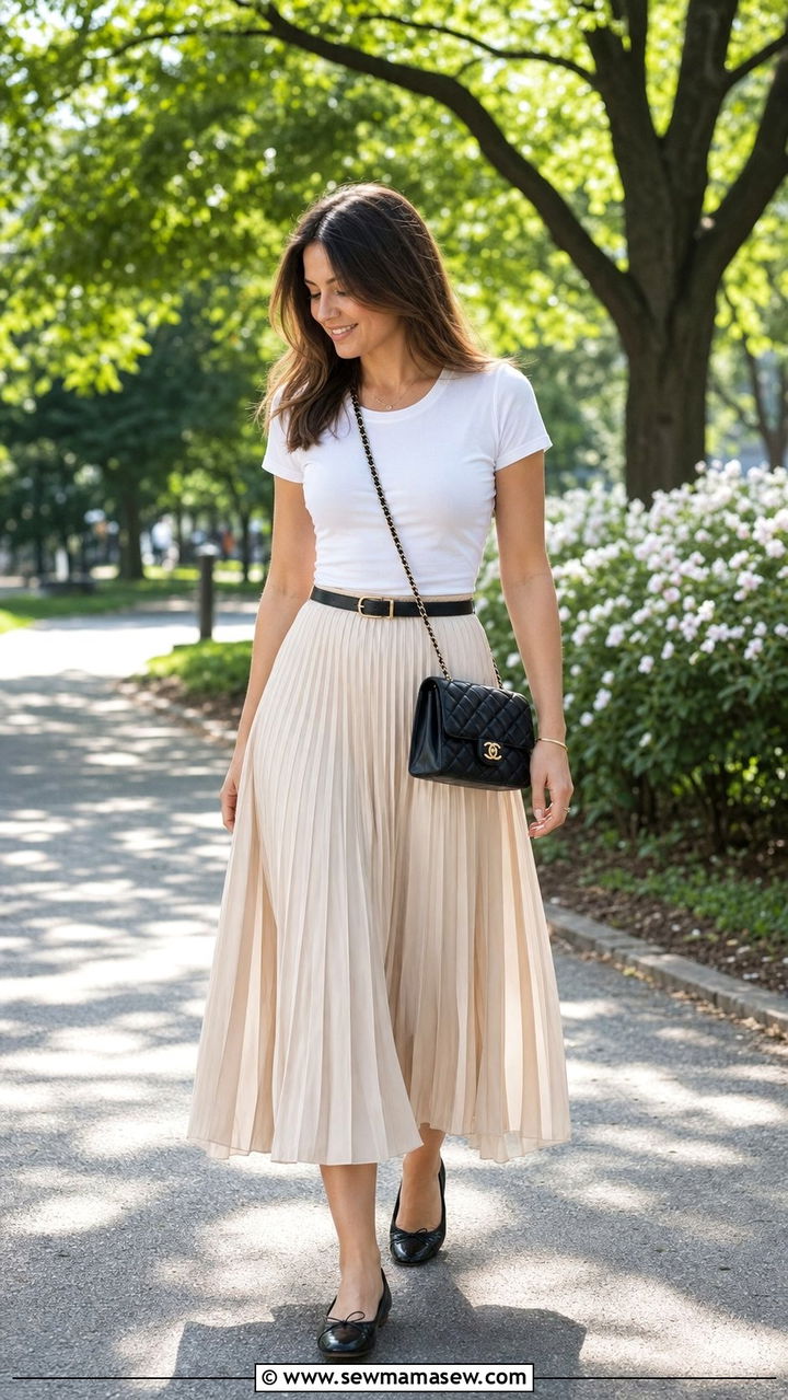 Pleated Midi Skirt with a Fitted Cotton Tee and Ballet Flats - 25 Summer capsule wardrobe Parisian
