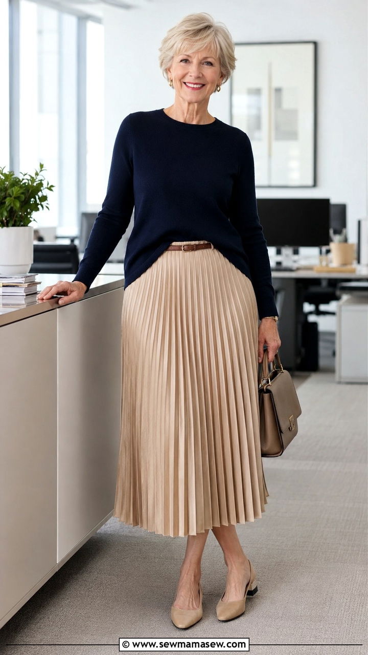 Pleated Midi Skirt with a Fitted Knit Top - 20 Work outfit ideas for women over 60 2026