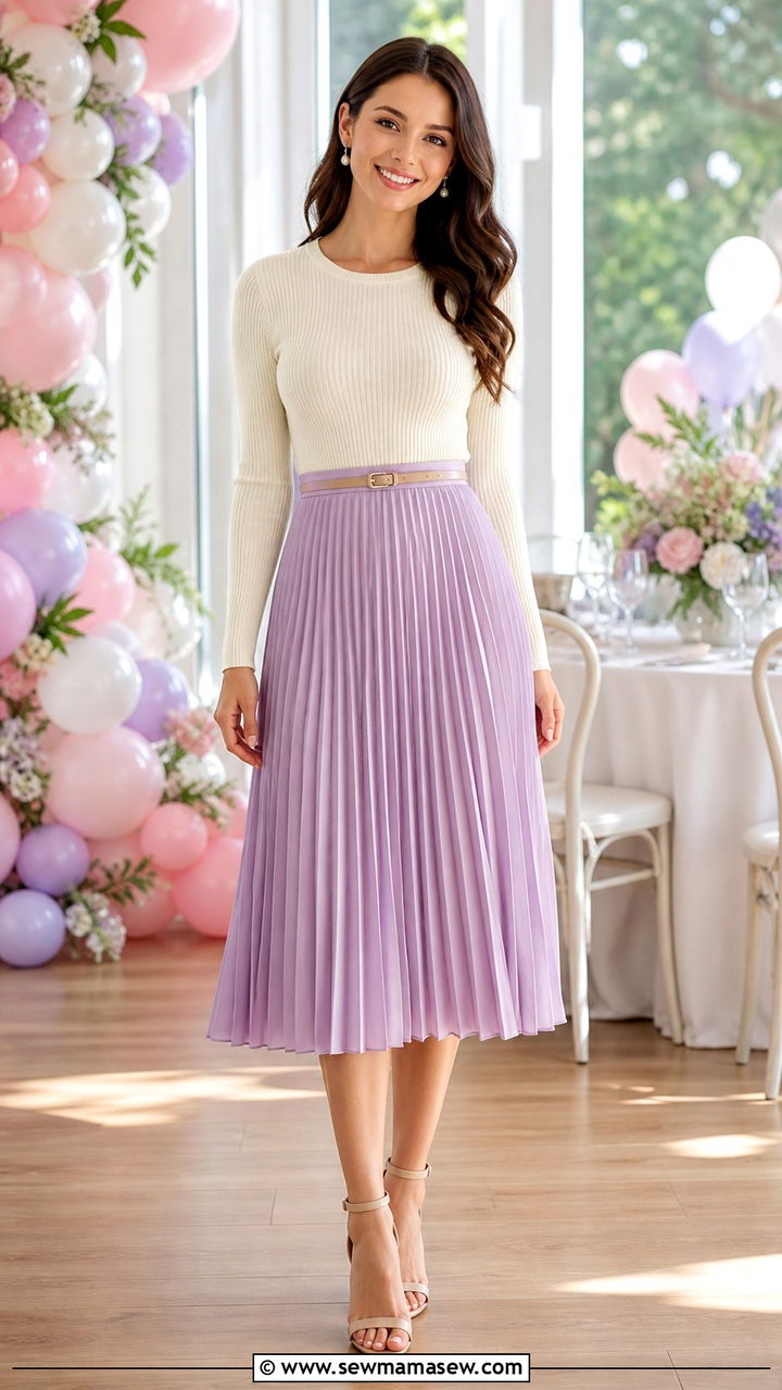 Pleated Midi Skirt with a Fitted Knit Top - 40 Spring baby shower outfits