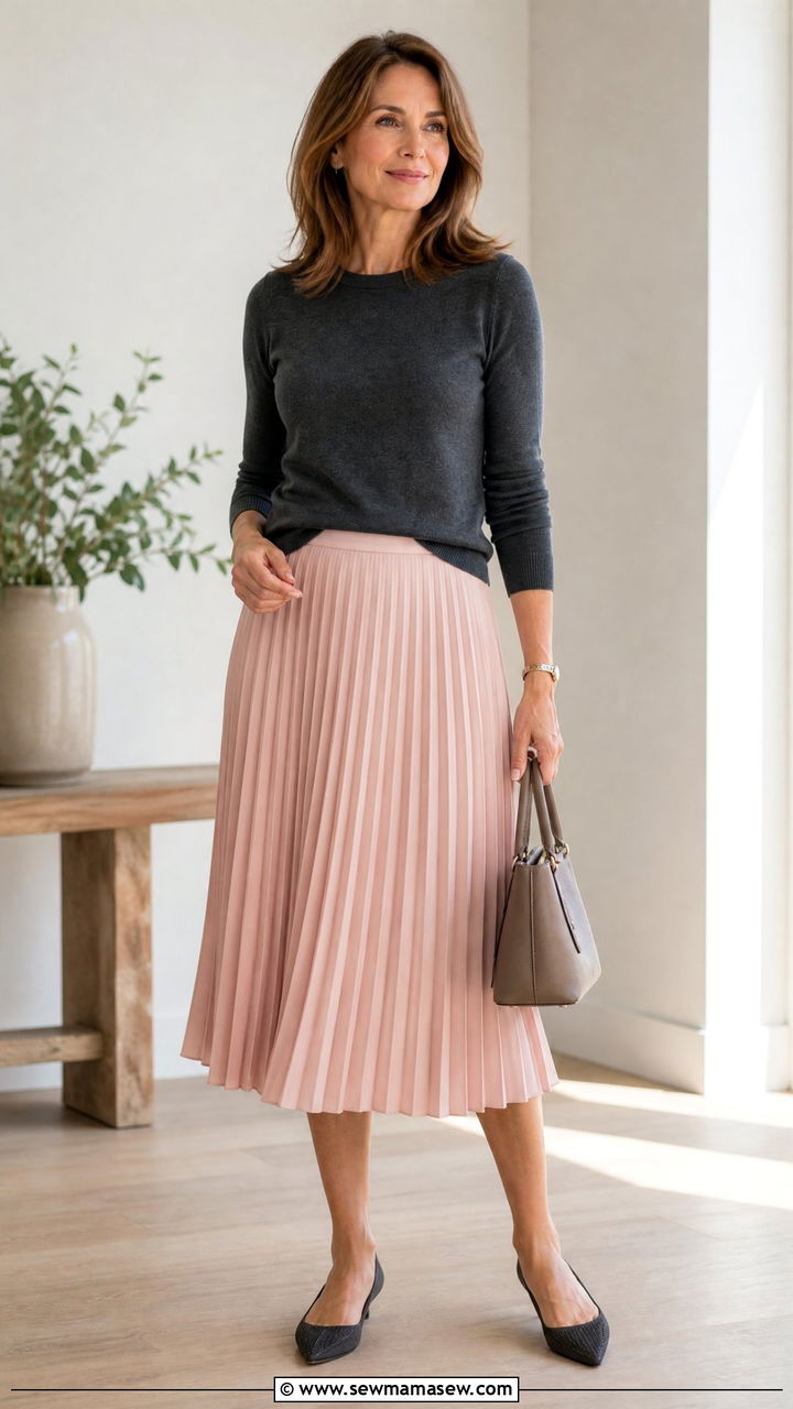 Pleated Midi Skirt with a Fitted Sweater - 35 Minimalist outfit ideas for women over 40