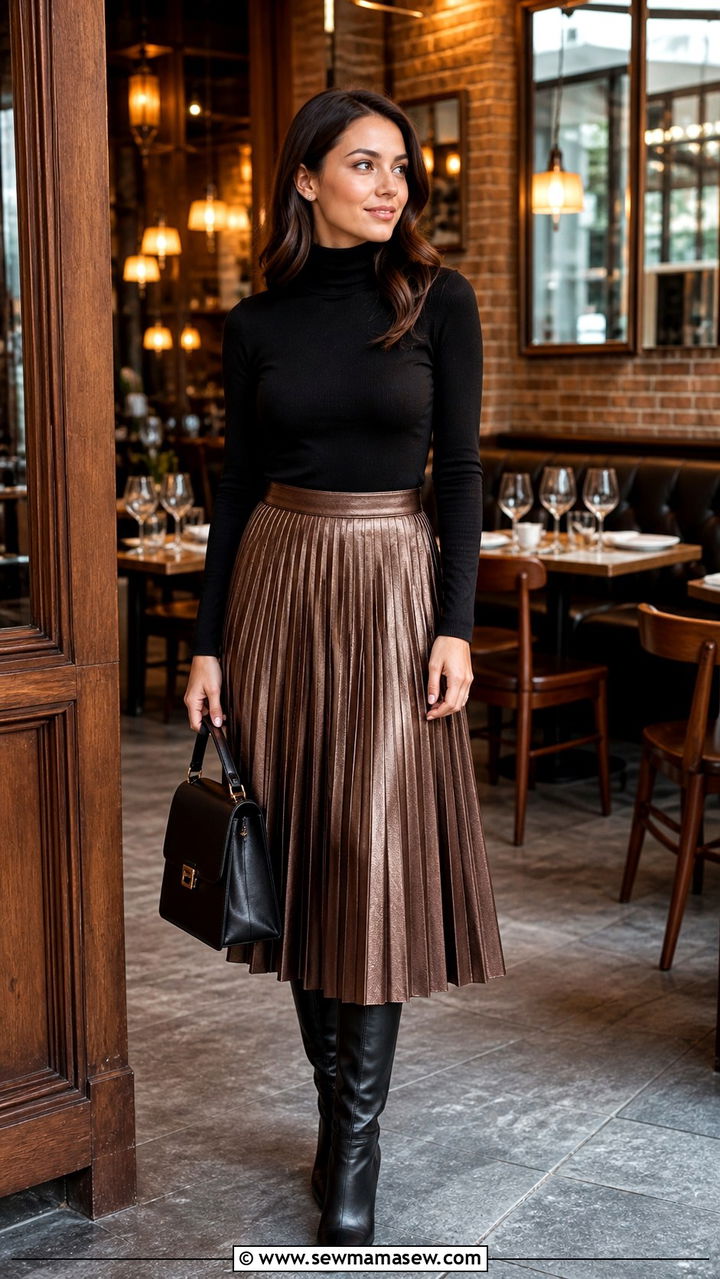 Pleated Midi Skirt with a Fitted Turtleneck - 20 40th birthday outfit ideas