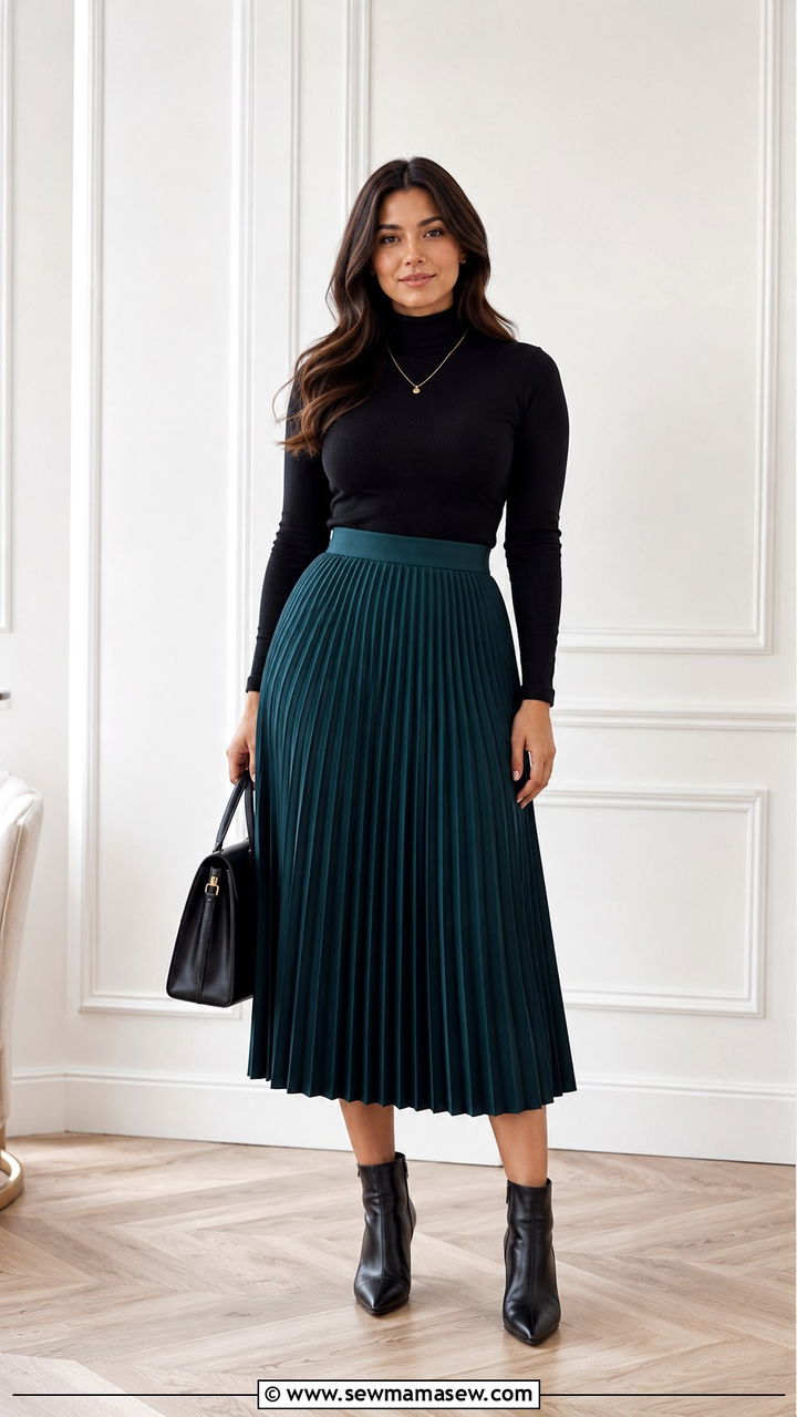 Pleated Midi Skirt with a Fitted Turtleneck - 30 Outfit ideas for wide hips