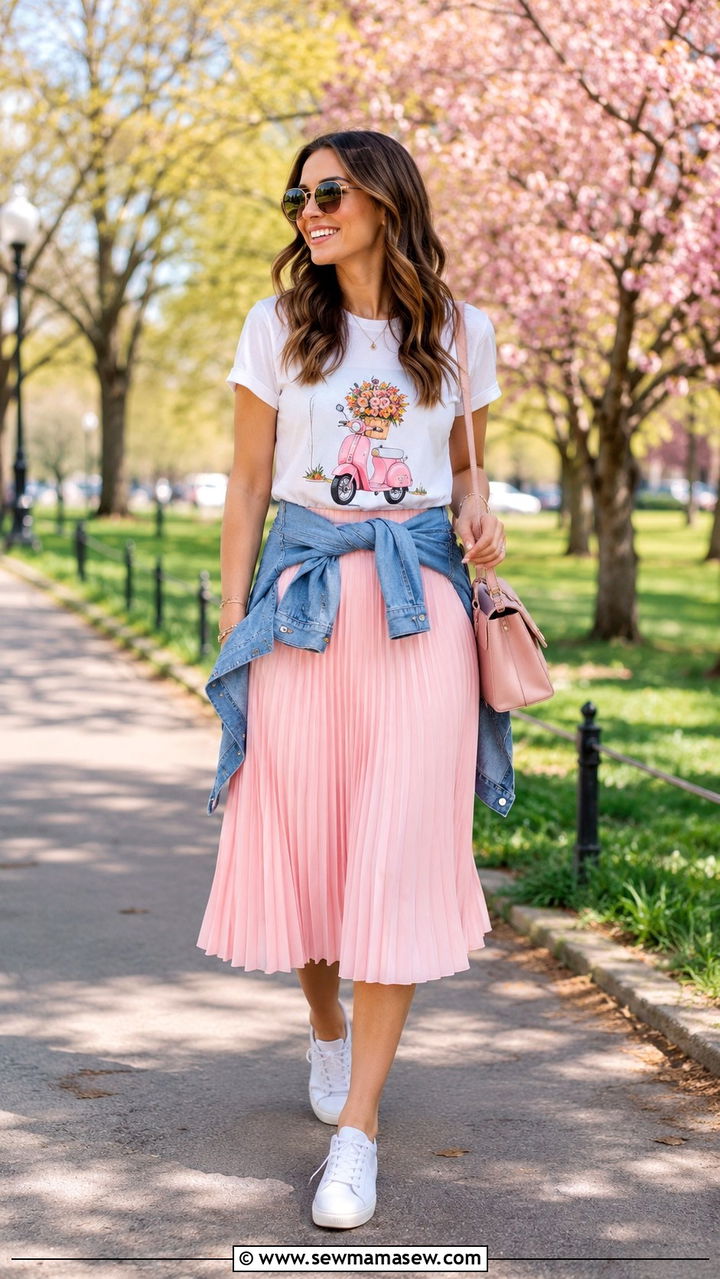Pleated Midi Skirt with a Graphic Tee and White Sneakers - 30 Spring preppy outfits 2026