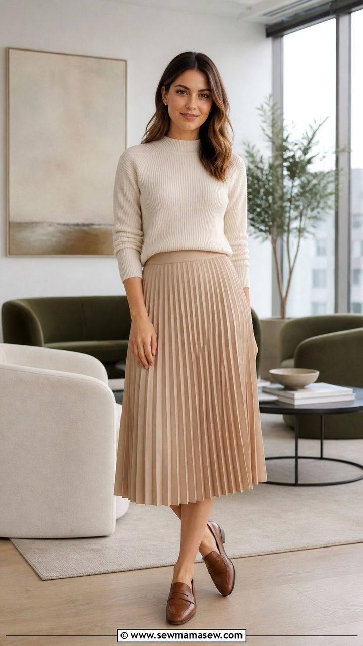 Pleated Midi Skirt with a Knit Top and Loafers - 40 Job interview outfit ideas