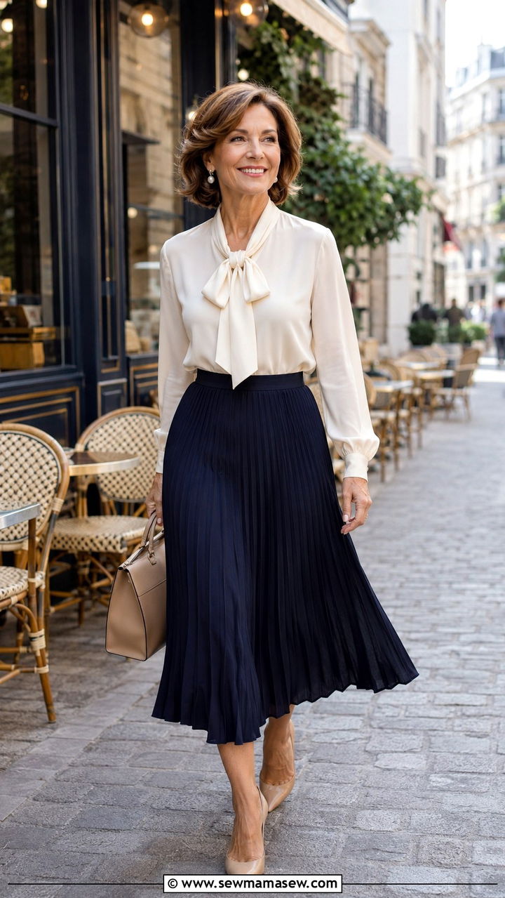 Pleated Midi Skirt with a Silk Blouse - 25 Birthday outfit ideas for women over 50