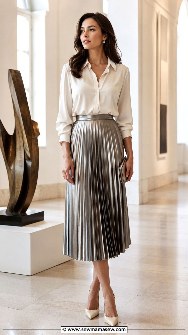 Pleated Midi Skirt with a Tucked In Blouse - 25 Panel discussion outfit ideas