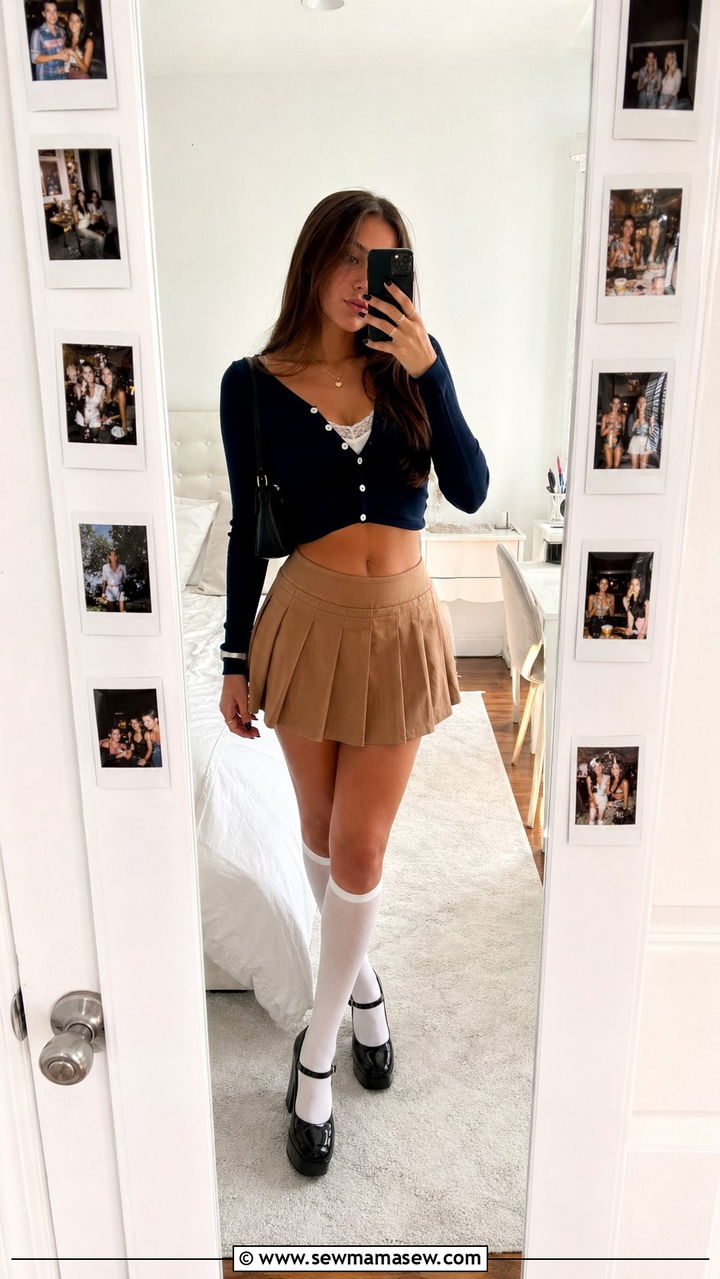 Pleated Mini Skirt With Cropped Cardigan and Platform Mary Janes - 30 Y2K party outfits