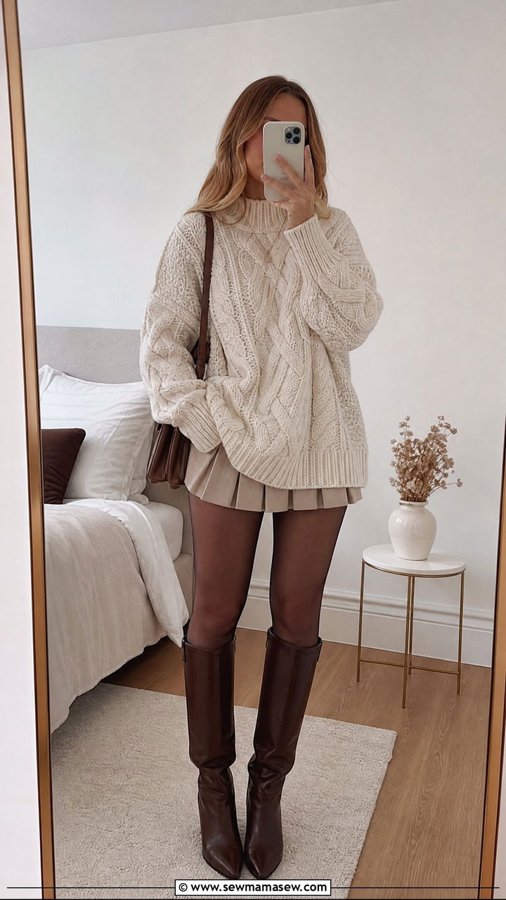 Pleated Mini Skirt With Oversized Sweater And Knee High Boots - 30 how to style mini skirt