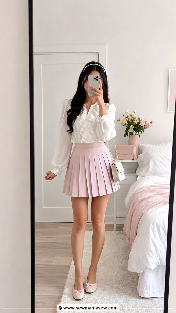 Pleated Mini Skirt With Ruffle Blouse And Ballet Flats - 30 Spring graduation party outfit ideas