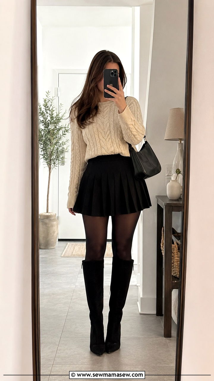 Pleated Mini Skirt With Sweater and Knee High Boots - 30 Pleated skirt outfit ideas with a sweater