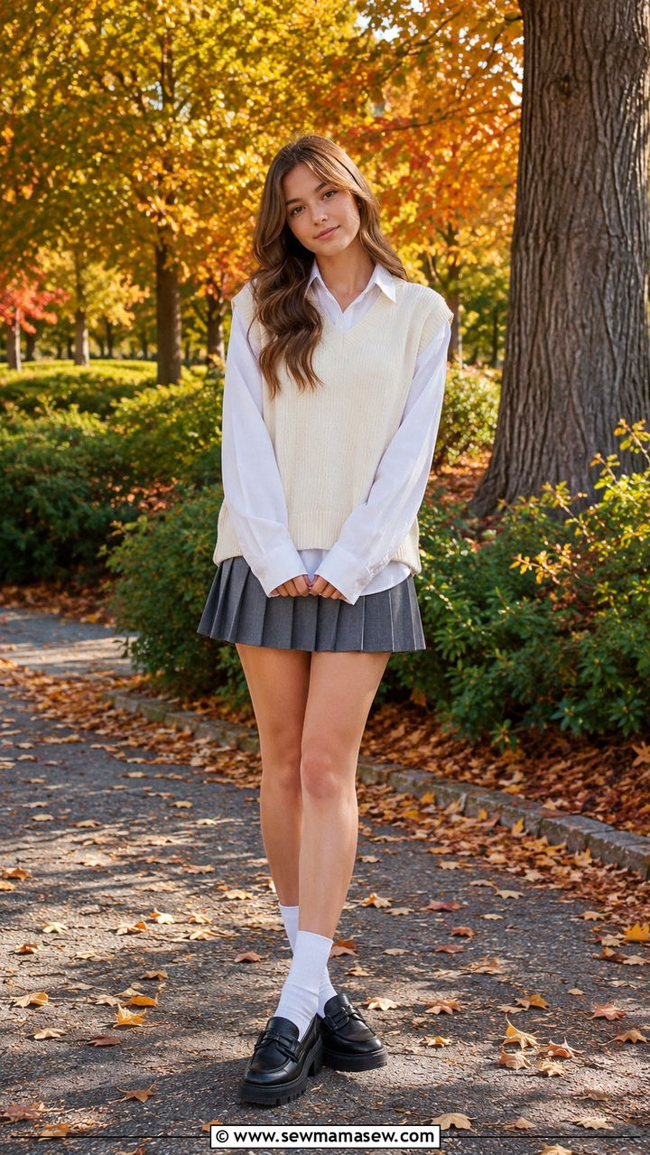 Pleated Mini Skirt and Oversized Sweater Vest - 30 Trendy outfits for 17 year olds