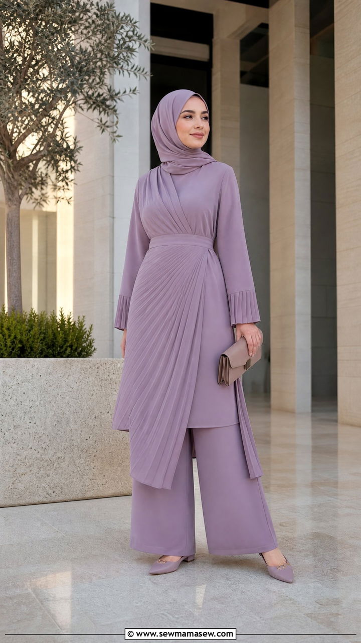 Pleated Overskirt Set with Coordinated Hijab - 30 Eid outfit ideas with hijab