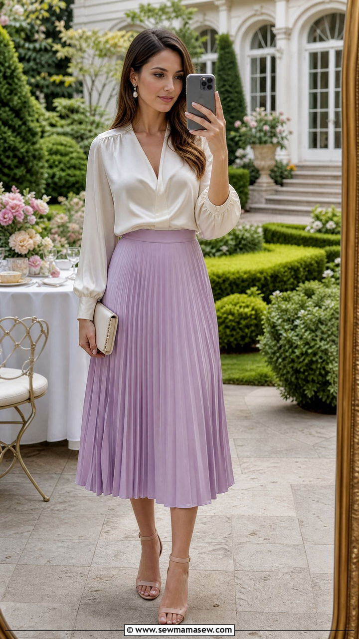 Pleated Pastel Midi Skirt with Satin Blouse - 35 Garden party outfit ideas