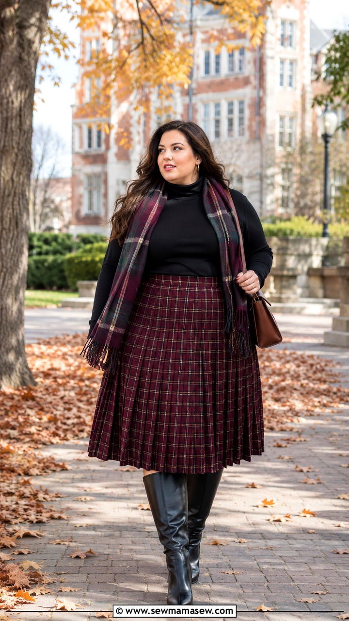 Pleated Plaid Midi Skirt With Turtleneck And Wide Calf Boots - 30 Plus size outfit ideas for college