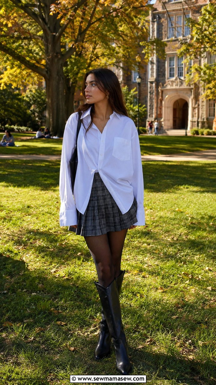 Pleated Plaid Mini Skirt With an Oversized White Button Down - 20 dark academia outfits to copy