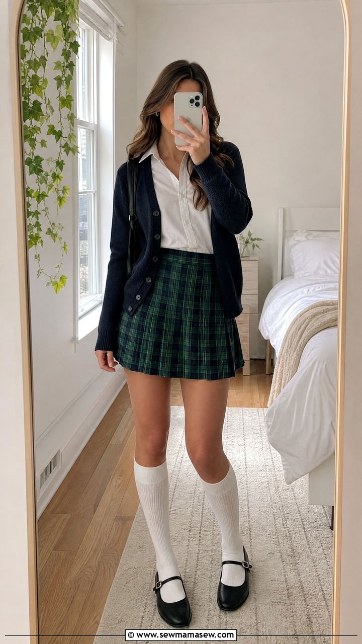 Pleated Plaid Skirt and Navy Cardigan Outfit - 25 First day of high school outfit ideas