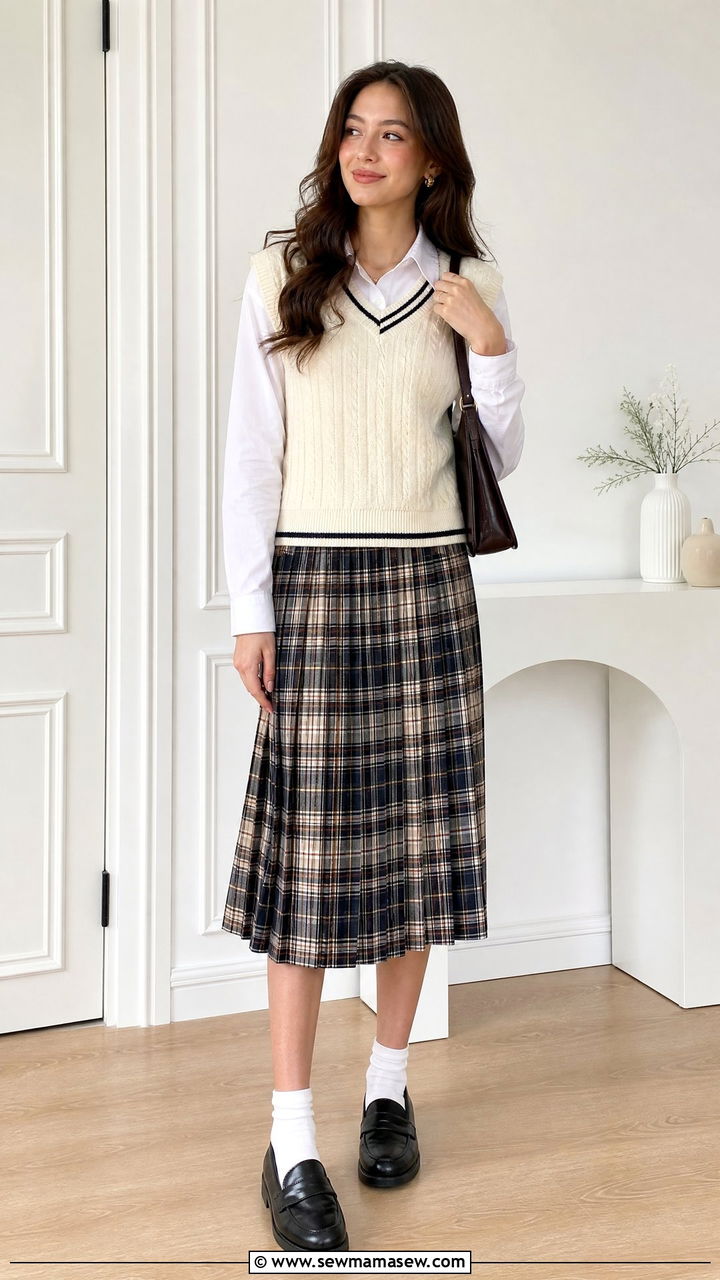 Pleated Plaid Skirt with Sweater Vest and Loafers - 30 Trendy outfits for 16 year olds