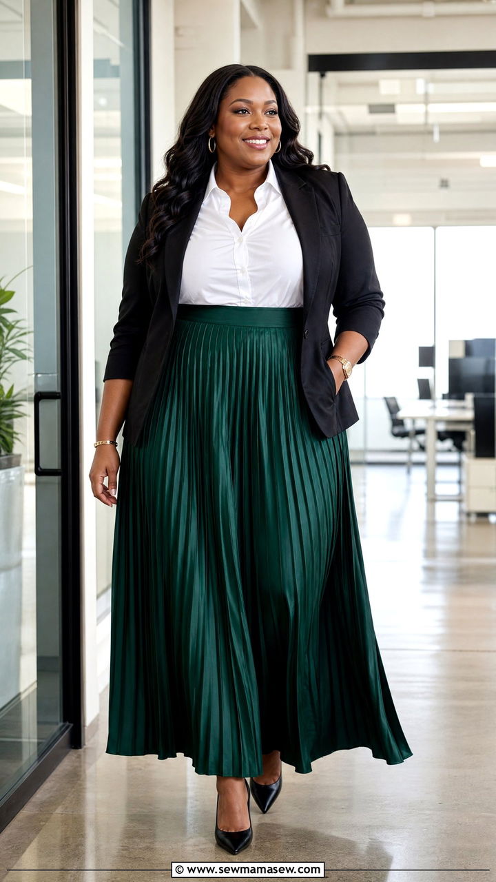 Pleated Satin Maxi Skirt for Work - 25 Maxi skirt outfit ideas plus size