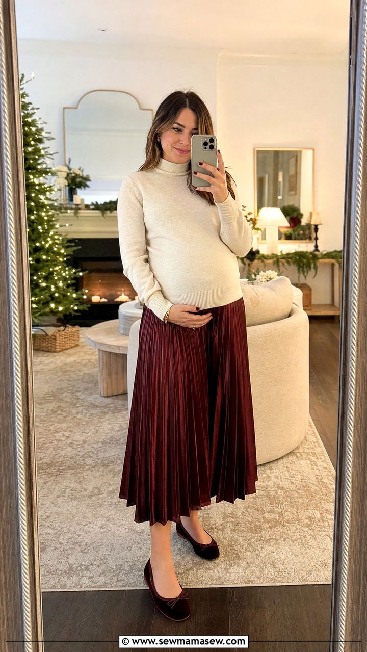 Pleated Satin Midi Skirt With Turtleneck - 25 classy outfits for pregnant women