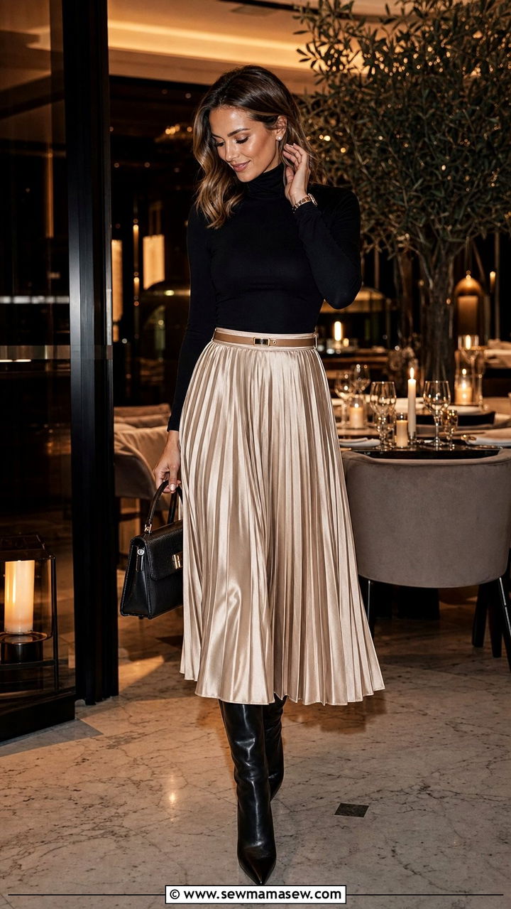 Pleated Satin Skirt With A Fitted Turtleneck Outfit - 25 elegant outfits aesthetic