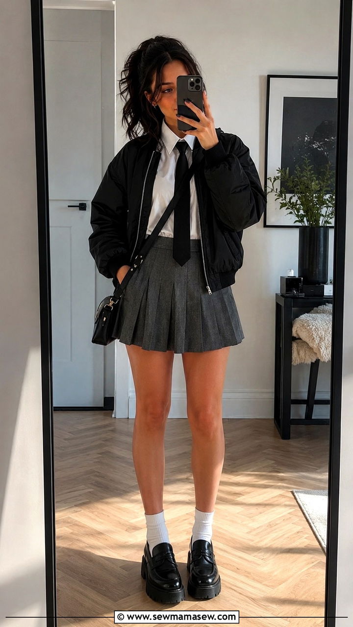 Pleated Skirt And Necktie With Bomber Jacket - 20 March outfit ideas 2026